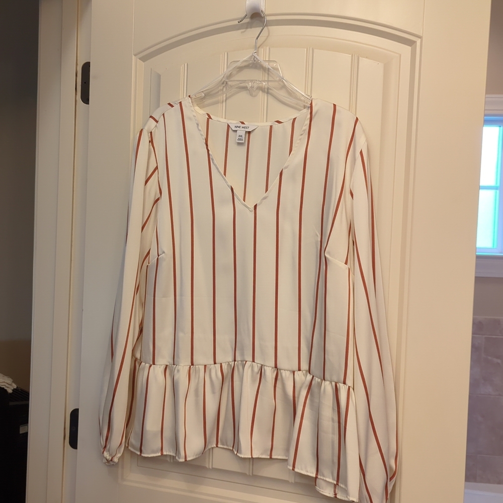 Nine West White and Red Striped Peplum Blouse